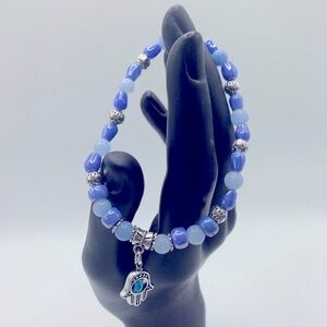 Evil Eye Charm, Blue Jade, Glass & Pewter Bead Stretch Bracelet